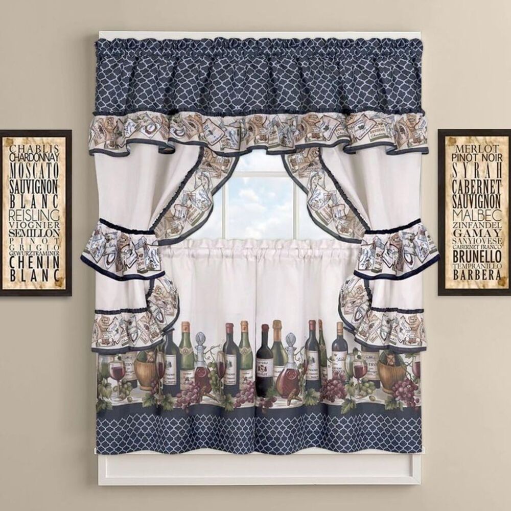 Sweet Home Collection 4 Piece Kitchen Curtain, 24 in Tier Set, Navy